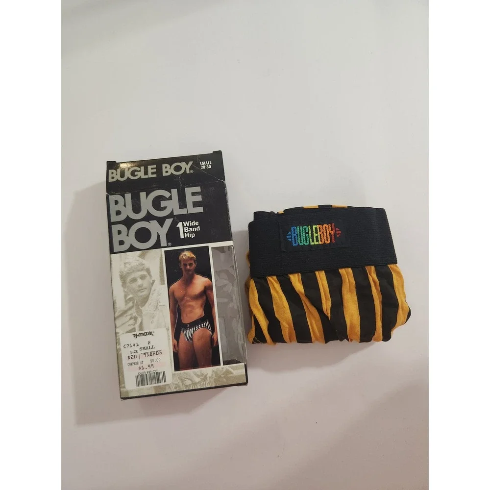 Bugle Boy Briefs Yellow‎ Black Striped Vintage Hip Brief Small 28-30